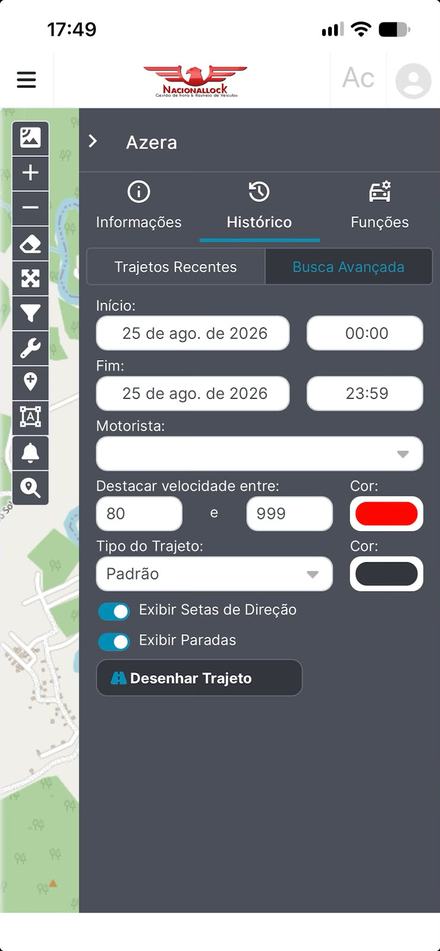 Aplicativo NacionalLock: histórico de trajetos